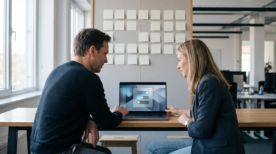 Operations lead and sales lead at a laptop deciding which workflows to keep