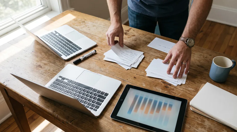 A person sorting printed cards into piles on a meeting table next to two laptops and a tablet