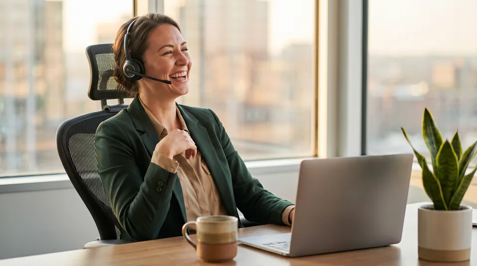 Sales rep on a call with a headset in a bright office