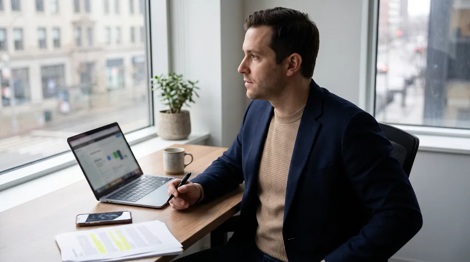 Account executive planning a call list with a phone and a printed account sheet