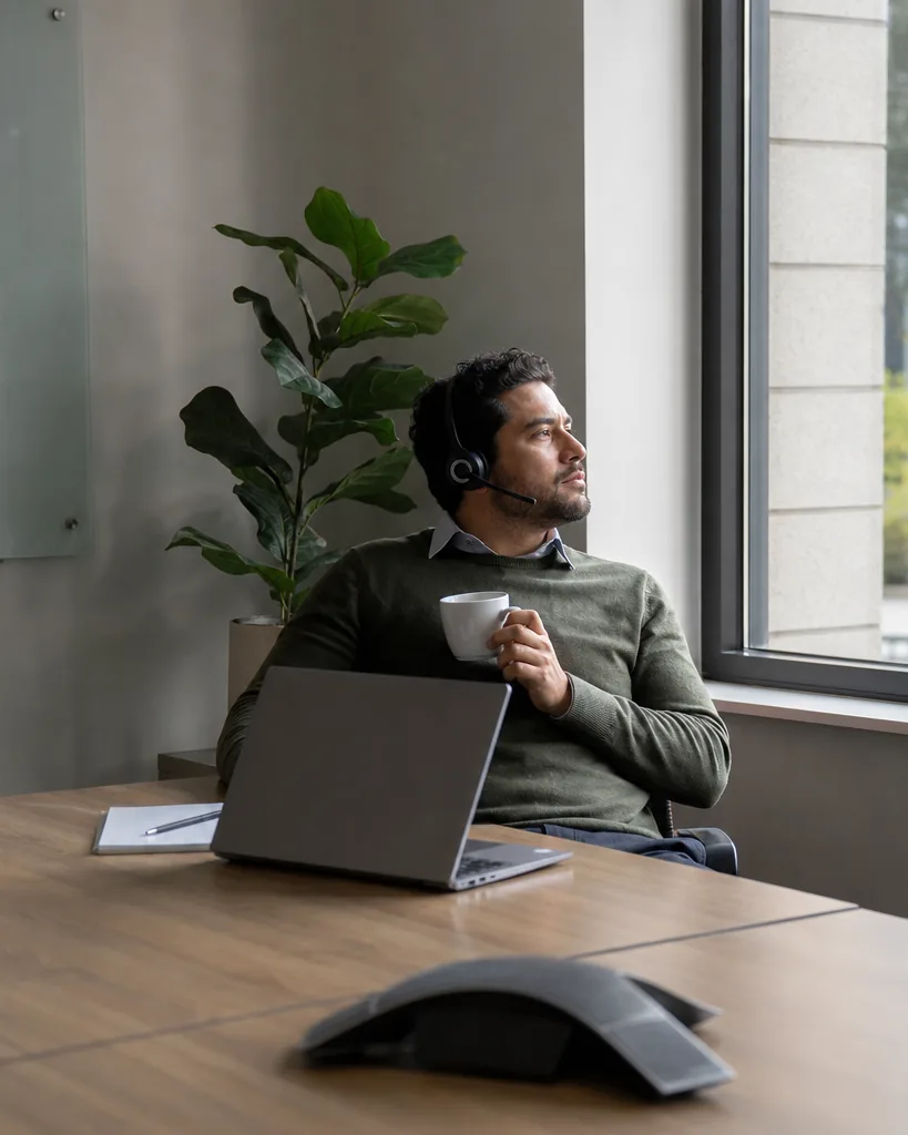 Sales rep with a headset pausing between calls in a quiet meeting room