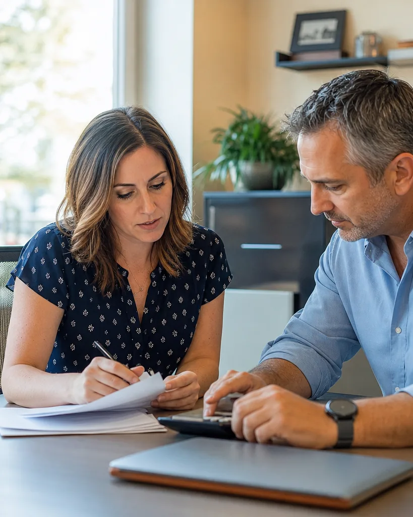 Two sales colleagues reviewing account notes and a calculator at a shared desk