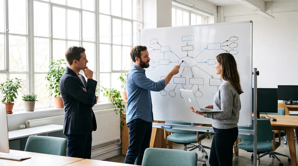Small sales team comparing vendor options around a whiteboard