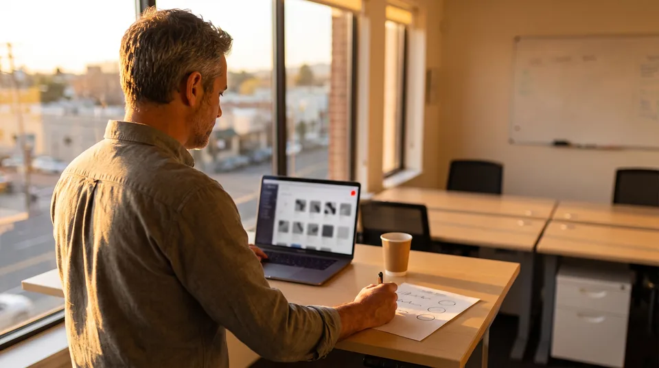 Account executive reviewing a short list of target accounts next to a laptop
