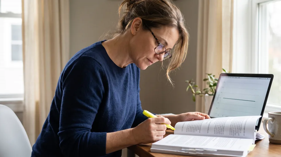 Revenue operations lead reading a printed software renewal quote at a desk